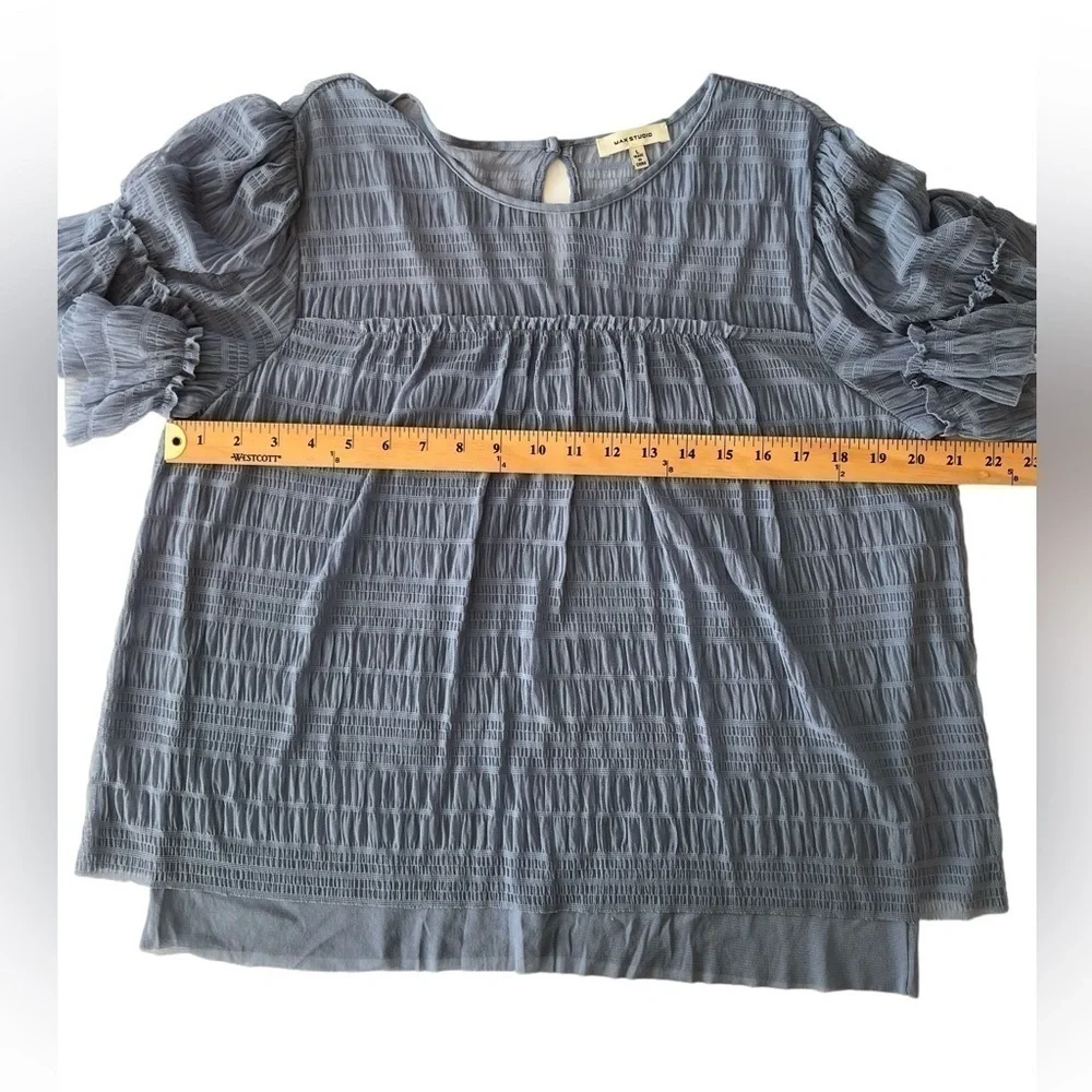 Max Studio Blouse L Cornflower Blue Mesh Flowy Top - Picture 9 of 12